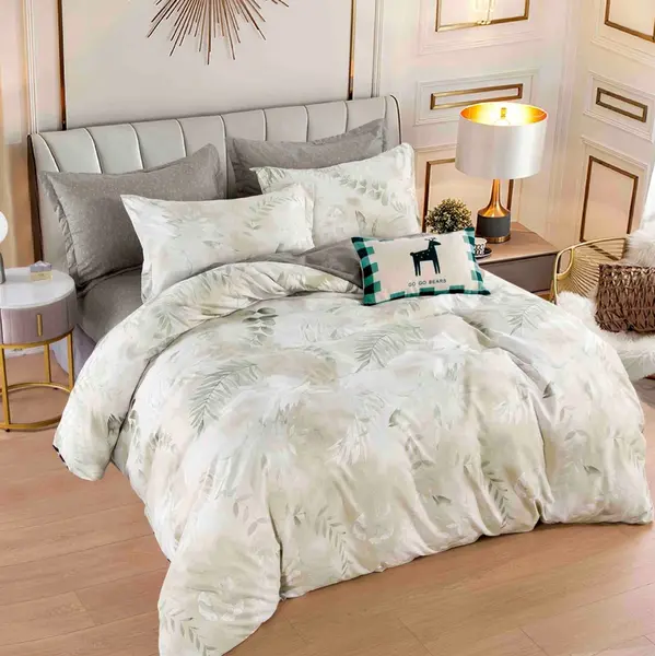 Lenjerie pat dublu, FINET, 6 piese, cu ELASTIC, Jojo Home, Bej, frunze