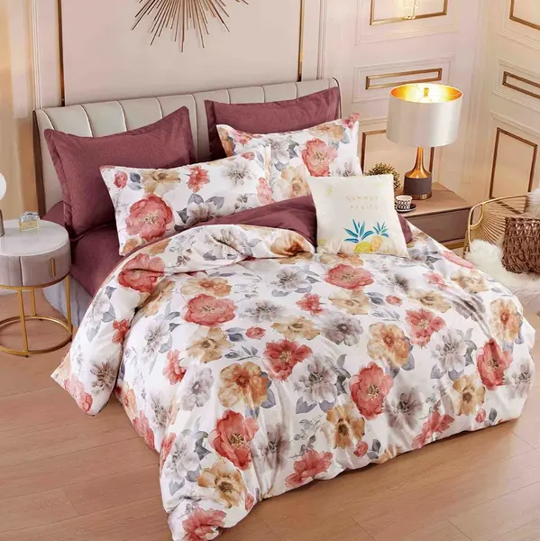 Lenjerie pat dublu, FINET, 6 piese, cu ELASTIC, Jojo Home, Crem-Maro, flori
