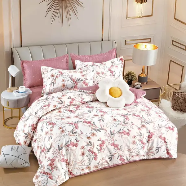 Lenjerie pat dublu, FINET, 6 piese, cu ELASTIC, Jojo Home, Crem, Roz, Flori si Frunze