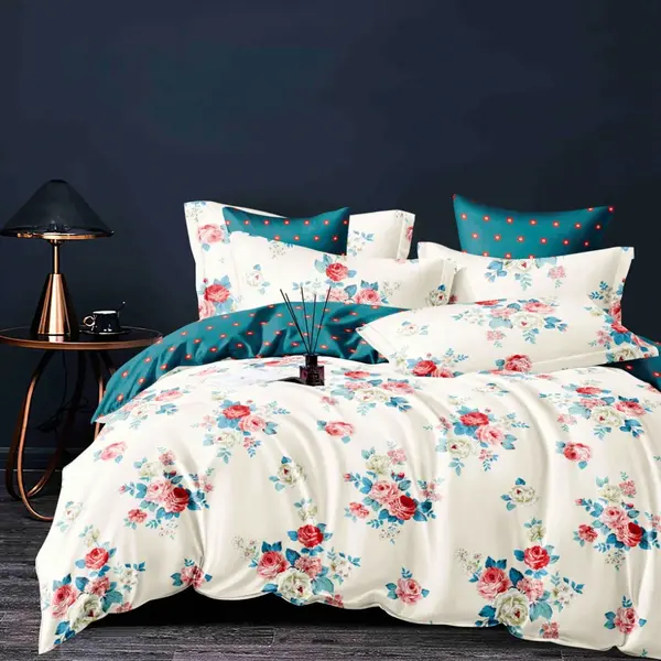 Lenjerie pat dublu, FINET, 6 piese, cu ELASTIC, Jojo Home, Crem, Turquoise, Flori