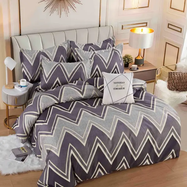 Lenjerie pat dublu, FINET, 6 piese, cu ELASTIC, Jojo Home, Gri, Mov, Zig-Zag