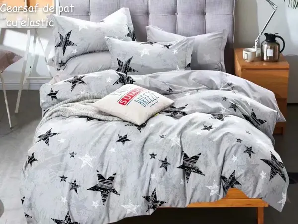 Lenjerie pat dublu, FINET, 6 piese, cu ELASTIC, Jojo Home, Gri-Negru, stelute