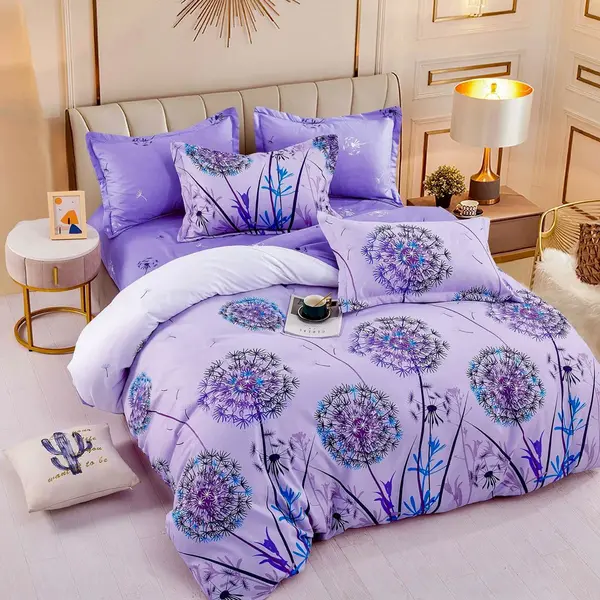 Lenjerie pat dublu, FINET, 6 piese, cu ELASTIC, Jojo Home, Lila, papadii