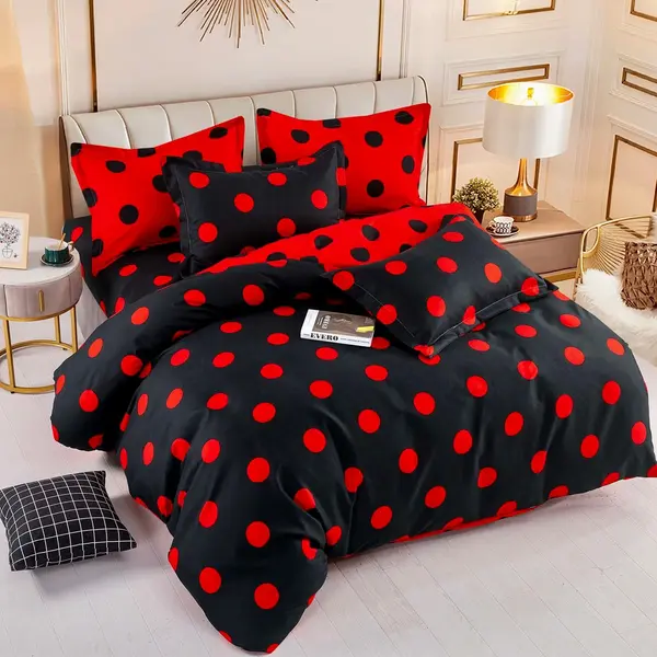 Lenjerie pat dublu, FINET, 6 piese, cu ELASTIC, Jojo Home, Negru-Rosu, buline
