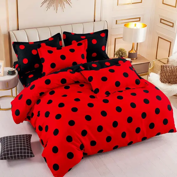 Lenjerie pat dublu, FINET, 6 piese, cu ELASTIC, Jojo Home, Rosu-Negru, buline