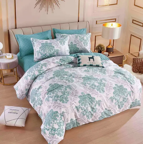 Lenjerie pat dublu, FINET, 6 piese, cu ELASTIC, Jojo Home, Turquoise, model oriental