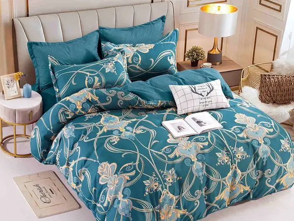 Lenjerie pat dublu, FINET, 6 piese, cu ELASTIC, Jojo Home, Turquoise-Bej, model elegant