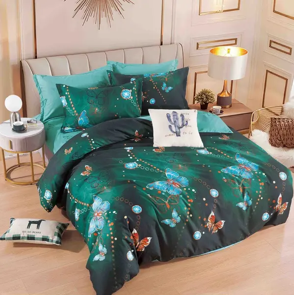 Lenjerie pat dublu, FINET, 6 piese, cu ELASTIC, Jojo Home, Verde, fluturi
