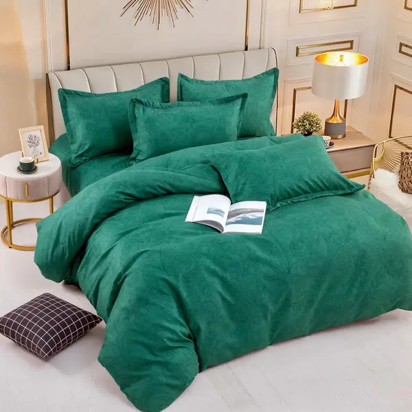 Lenjerie pat dublu, FINET, 6 piese, cu ELASTIC, Jojo Home, Verde, model floral