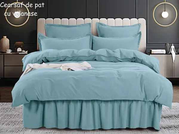 Lenjerie pat dublu, FINET, 6 piese, cu volanase, Jojo Home, Bleu