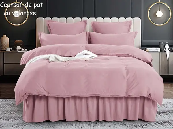 Lenjerie pat dublu, FINET, 6 piese, cu volanase, Jojo Home, Roz Pudra