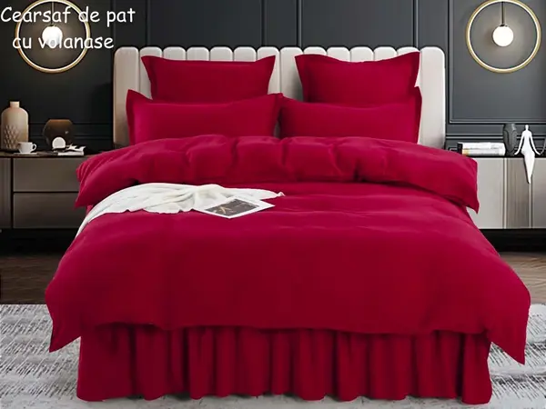 Lenjerie pat dublu, FINET, 6 piese, cu volanase, Jojo Home, Visiniu