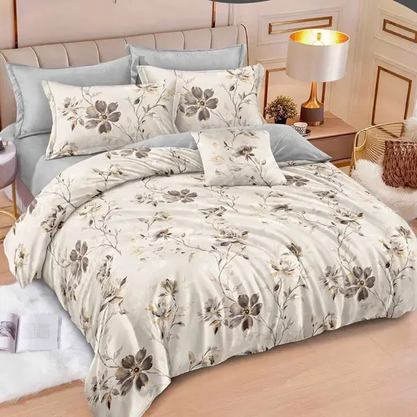 Lenjerie pat dublu, Finet, 6 piese, Gri, Bej, floricele