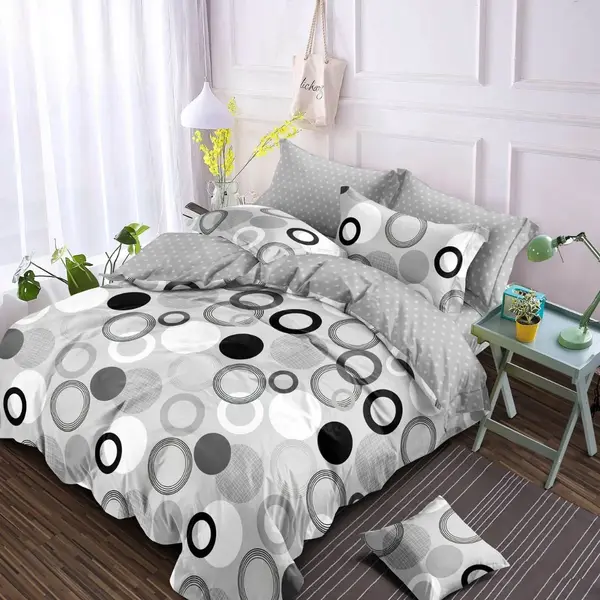 Lenjerie pat dublu, Finet, 6 piese, Gri, cercuri