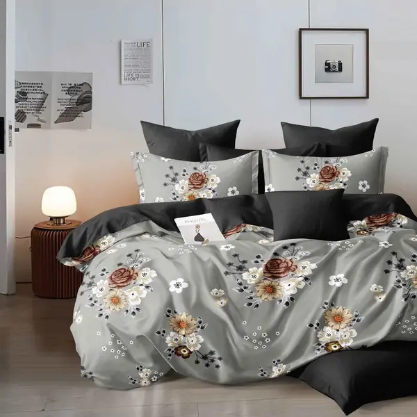 Lenjerie pat dublu, Finet, 6 piese, Gri, floricele