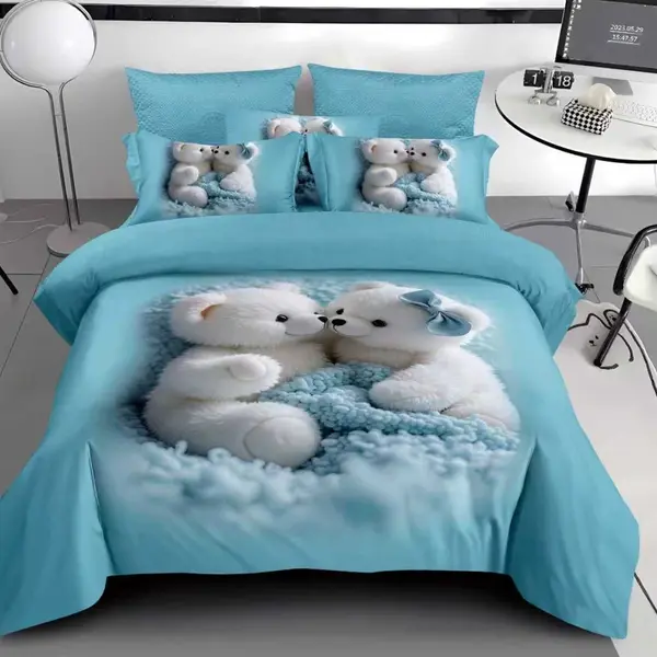 Lenjerie pat dublu, FINET, 6 piese, IDENTICA CU POZA, Albastru, Bleu, ursuleti