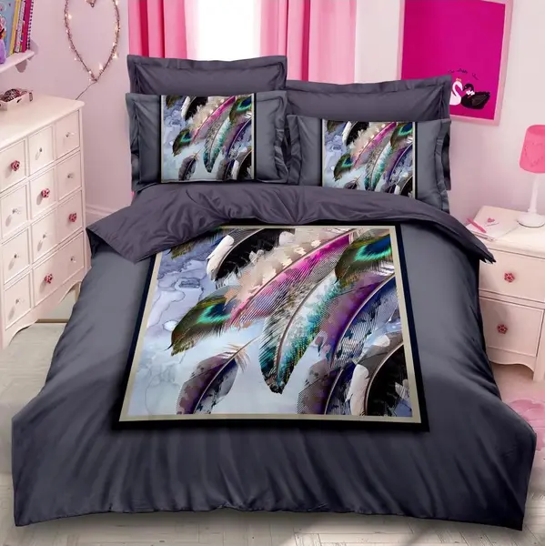 Lenjerie pat dublu, FINET, 6 piese, IDENTICA CU POZA, Gri antracit, pene