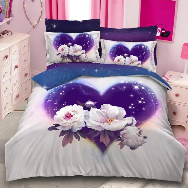 Lenjerie pat dublu, FINET, 6 piese, IDENTICA CU POZA, Mov, flori