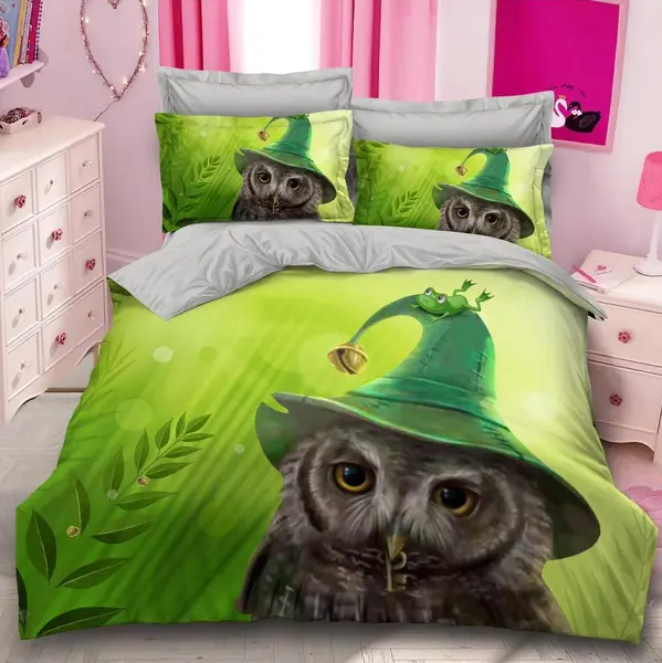 Lenjerie pat dublu, FINET, 6 piese, IDENTICA CU POZA, Verde, bufnita