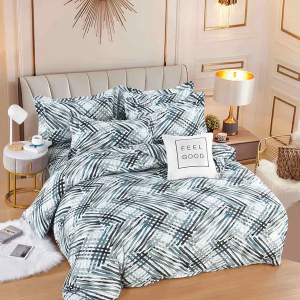 Lenjerie pat dublu, FINET, 6 piese, Jojo Home, Alb, Albastru, dungi