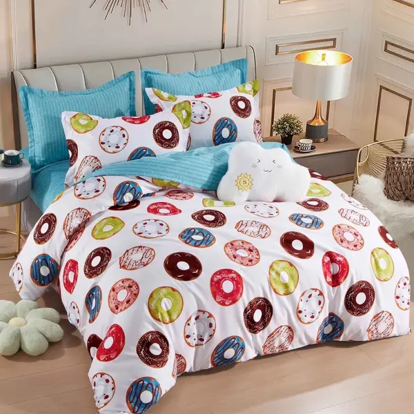 Lenjerie pat dublu, FINET, 6 piese, Jojo Home, Alb, Multicolor, Gogosi, Donuts