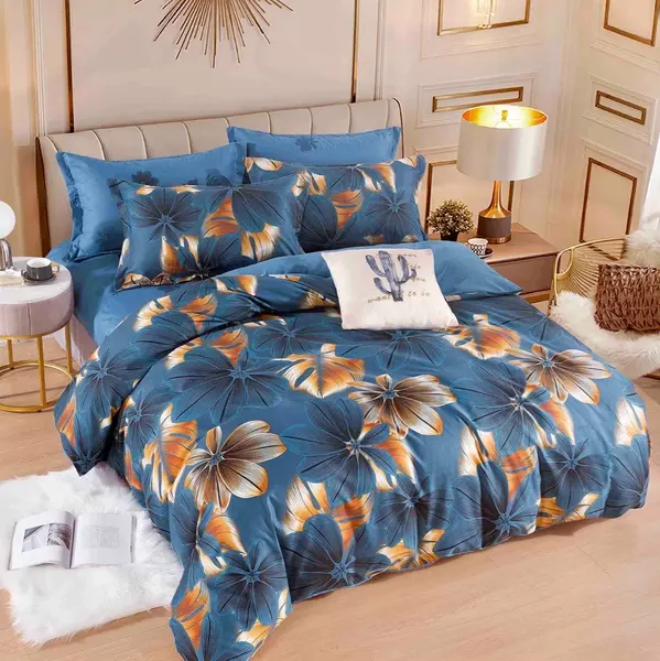 Lenjerie pat dublu, FINET, 6 piese, Jojo Home, Albastru, flori