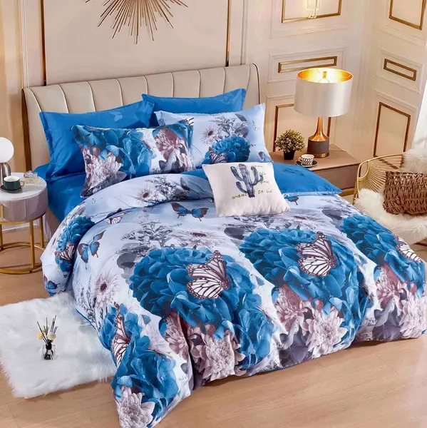 Lenjerie pat dublu, FINET, 6 piese, Jojo Home, Albastru, fluturi, flori