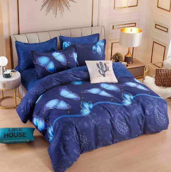 Lenjerie pat dublu, FINET, 6 piese, Jojo Home, Albastru, fluturi