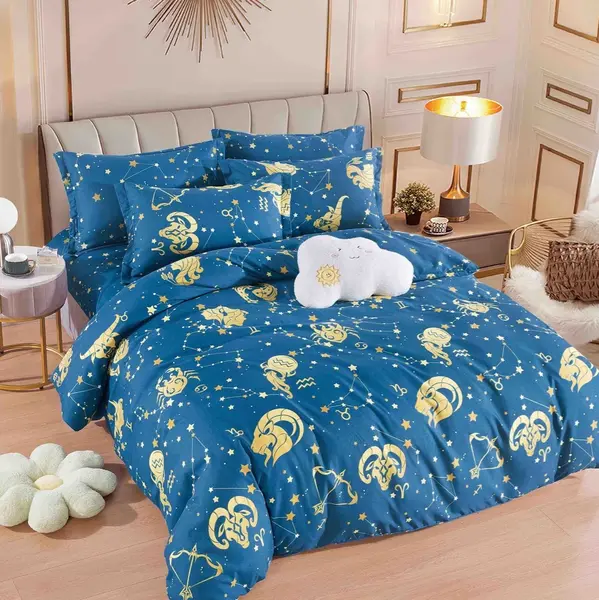 Lenjerie pat dublu, FINET, 6 piese, Jojo Home, Albastru, zodiac