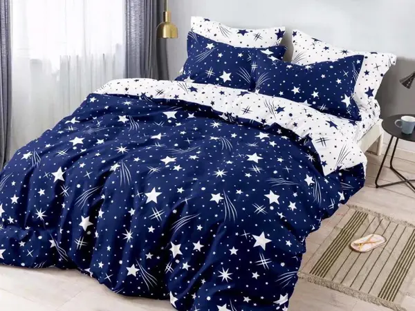 Lenjerie pat dublu, FINET, 6 piese, Jojo Home, Bleumarin - Alb, stelute