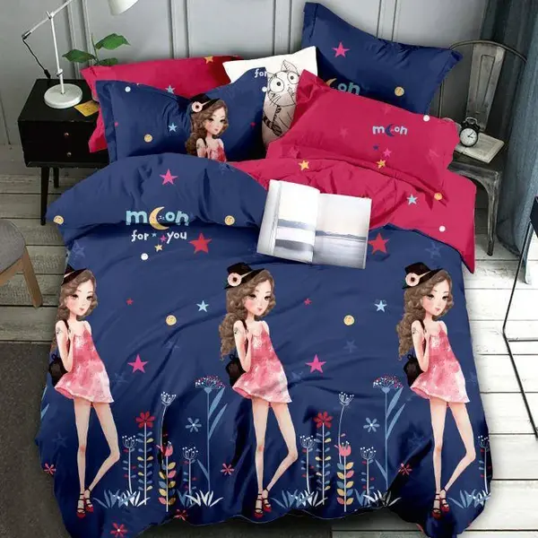 Lenjerie pat dublu, FINET, 6 piese, Jojo Home, Bleumarin-Multicolor, fetite