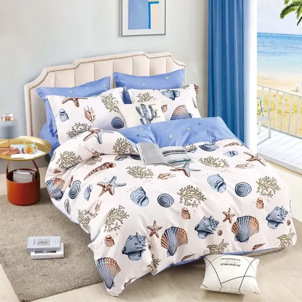Lenjerie pat dublu, FINET, 6 piese, Jojo Home, Crem, Bleu, Scoici si Melci