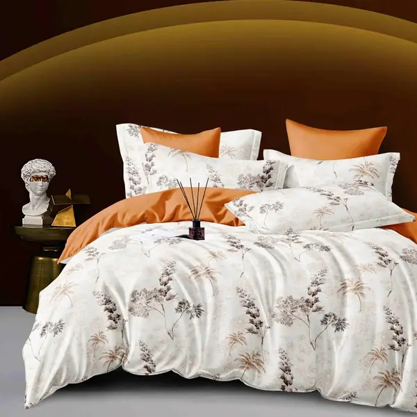 Lenjerie pat dublu, FINET, 6 piese, Jojo Home, Crem, Caramiziu, frunze