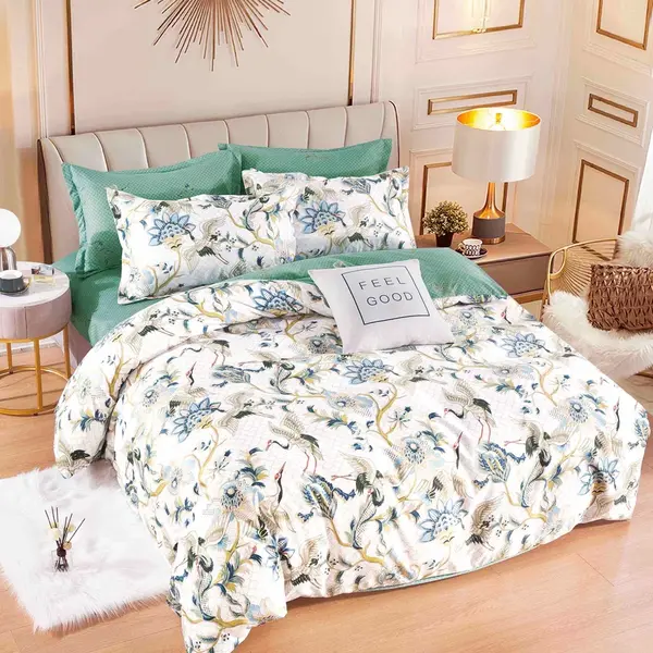Lenjerie pat dublu, FINET, 6 piese, Jojo Home, Crem, Verde, floricele