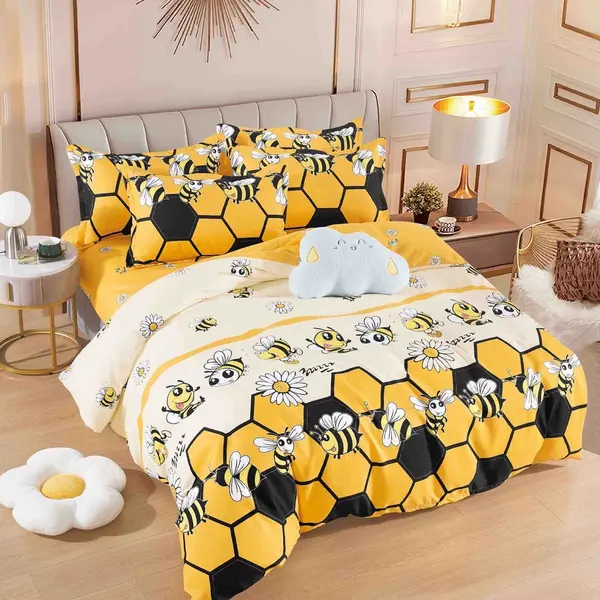 Lenjerie pat dublu, FINET, 6 piese, Jojo Home, Galben, flori, albinute