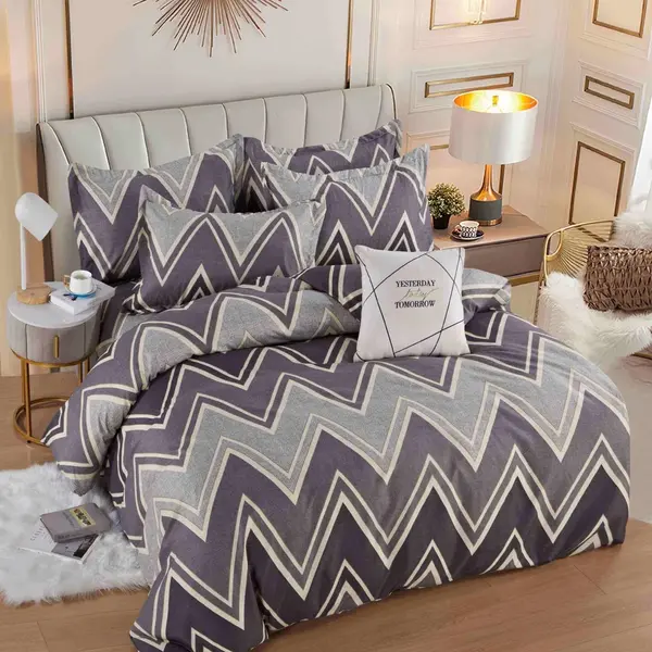 Lenjerie pat dublu, FINET, 6 piese, Jojo Home, Gri, Mov, Zig-Zag