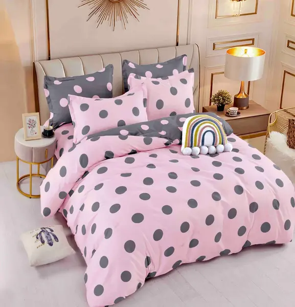 Lenjerie pat dublu, FINET, 6 piese, Jojo Home, Roz, Gri, Buline