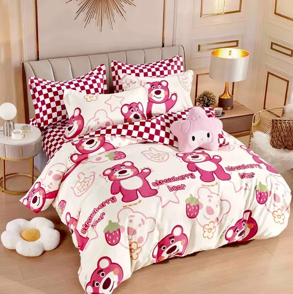 Lenjerie pat dublu, FINET, 6 piese, Jojo Home, Roz, ursuleti, capsune