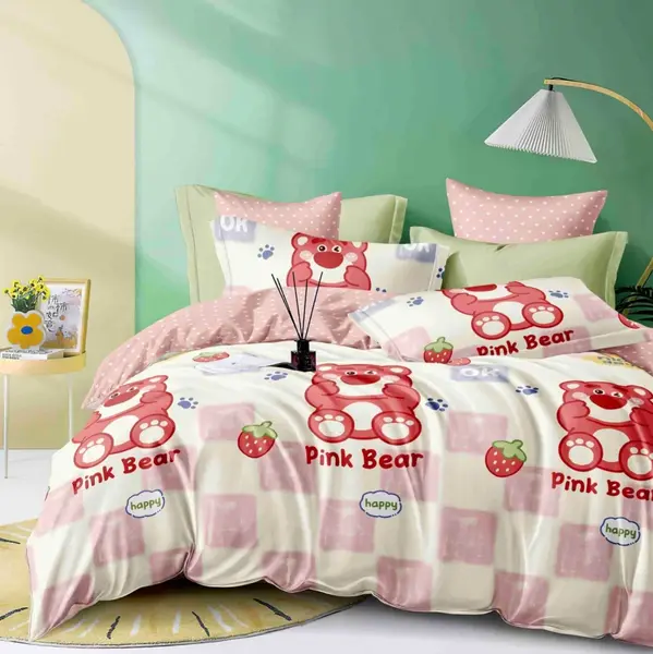 Lenjerie pat dublu, FINET, 6 piese, Jojo Home, Roz, ursuleti, capsuni