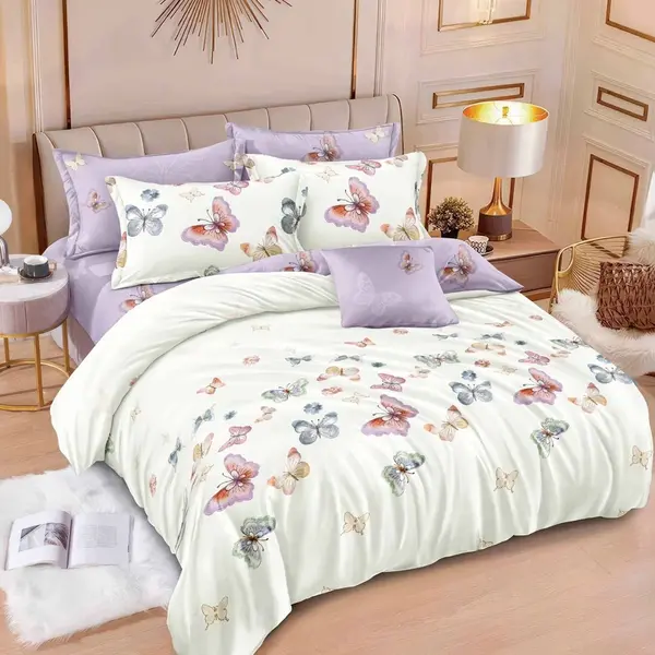 Lenjerie pat dublu, Finet, 6 piese, Lila, fluturi