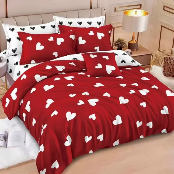 Lenjerie pat dublu, Finet, 6 piese, Rosu, Alb, inimioare