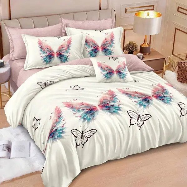 Lenjerie pat dublu, Finet, 6 piese, Roz, Crem, fluturi