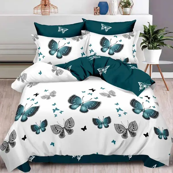 Lenjerie pat dublu, Finet, 6 piese, Turquoise, fluturi
