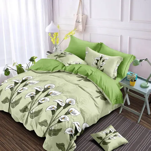 Lenjerie pat dublu, Finet, 6 piese, Verde, flori albe