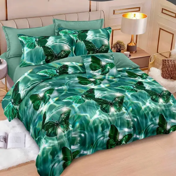 Lenjerie pat dublu, Finet, 6 piese, Verde, fluturi