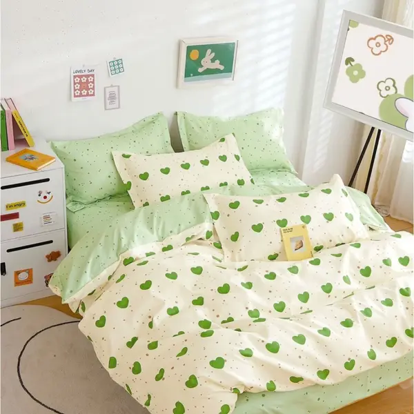 Lenjerie pat dublu, Finet, 6 piese, Verde, inimioare