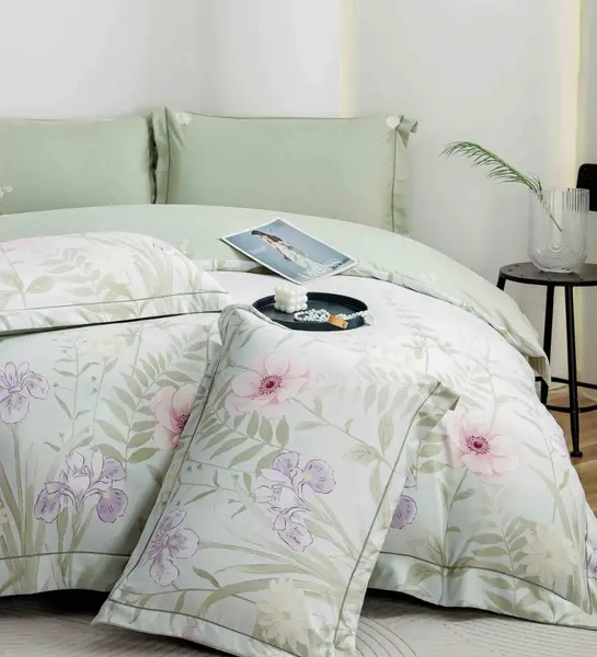 Lenjerie pat dublu, FINET DeLuxe, 6 piese, cu ELASTIC, Jojo Home, Cutie Eleganta, Vernil, Flori