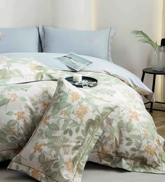 Lenjerie pat dublu, FINET DeLuxe, 6 piese, cu ELASTIC, Jojo Home, Cutie Eleganta, Verde, Bleu, Flori