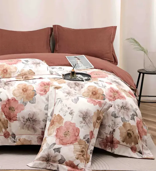 Lenjerie pat dublu, FINET DeLuxe, 6 piese, cu ELASTIC, Jojo Home, Cutie Eleganta, Alb, Maroniu, Flori