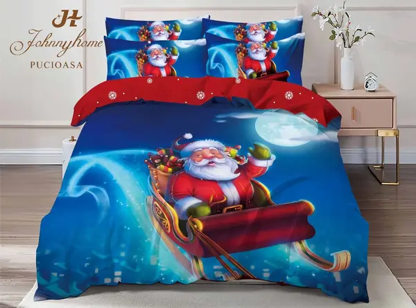 Lenjerie pat dublu, FINET, Digital Print, Craciun, Albastru, Rosu, Mos Craciun in sania lui